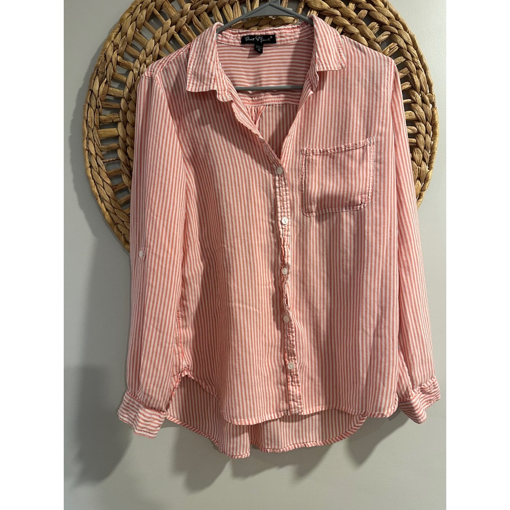 Velvet Heart Womens Coral Pink White Striped Button Down Roll Tab Sleeve Shirt M